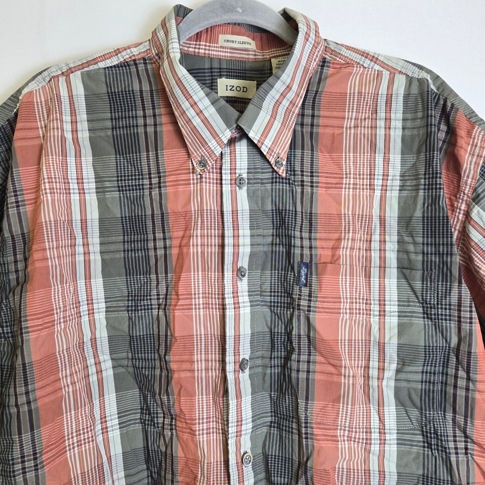IZOD Cotton Short Sleeve Plaid Button-Down Shirt, Orange Gray‎ White XL 790128